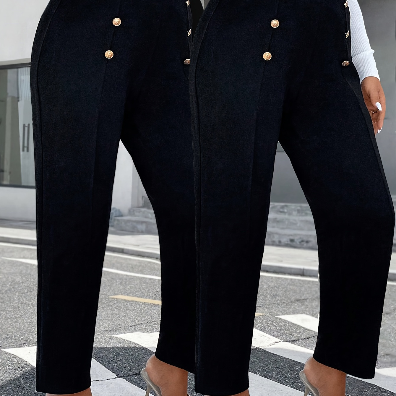 

2 pantalons droits taille haute avec boutons, grande taille, couleur unie décontractée, en polyester tricoté avec une légère élasticité, pour toutes les .