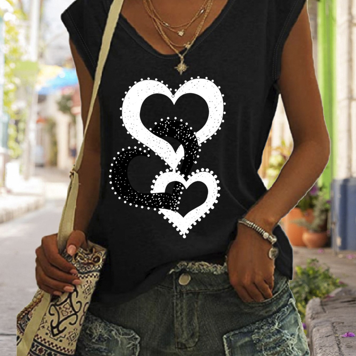 

Heart Print V Neck Tank Top, Cap Sleeve Casual Top For Summer & Spring, Women's Clothing