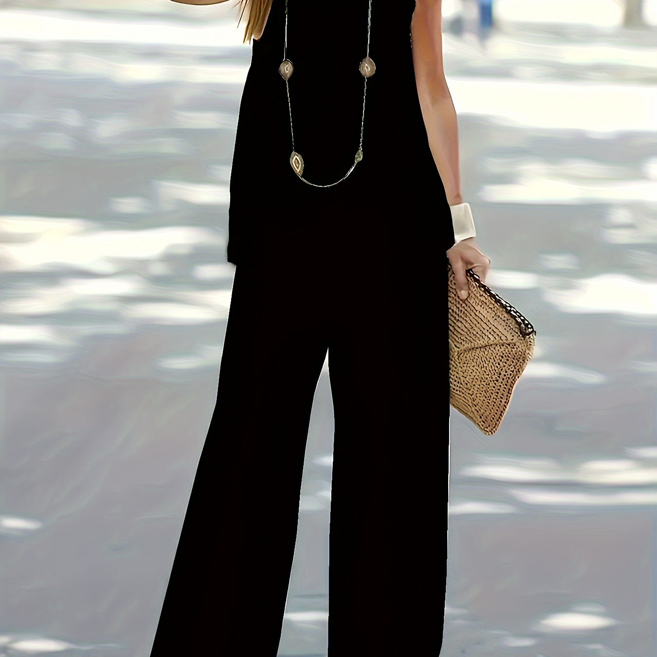 

Casual Solid Color Pantsuits, Crew Neck Sleeveless Tank Top & Loose Pants Outfits, Women's Clothing