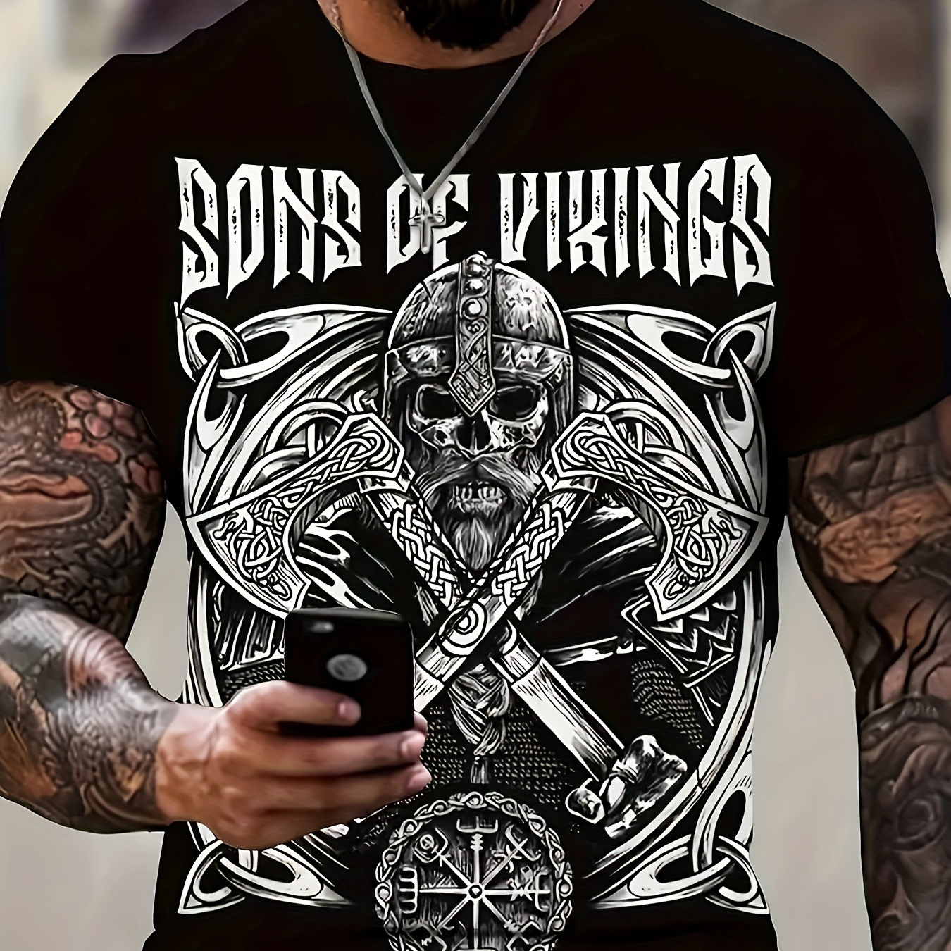 

Sons Of Vikings And Skull Pattern Men's Novelty Short Sleeve Crew Neck T-shirt, Summer Outdoor