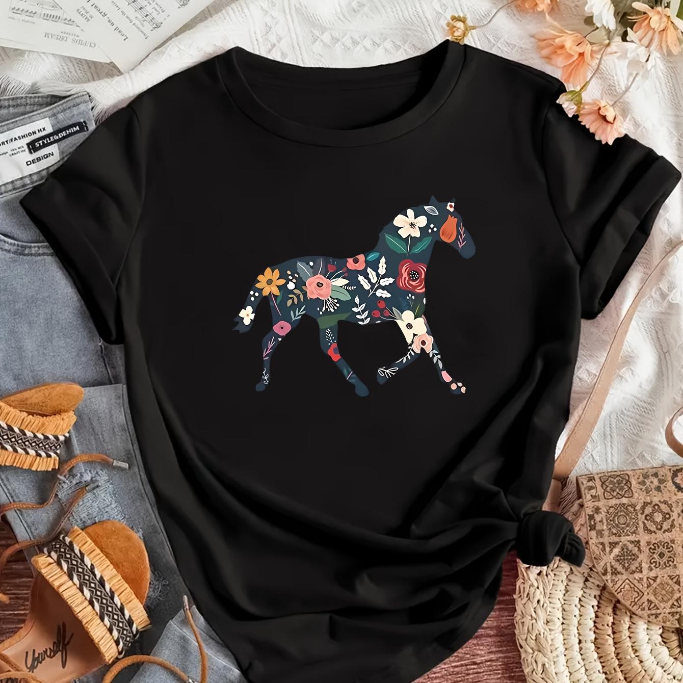 

Colorful Flower Pony Print T-shirt, Fashion Casual Crew Neck Short Sleeve Sport T-shirt, Casual Daily Tops, Women's Clothing