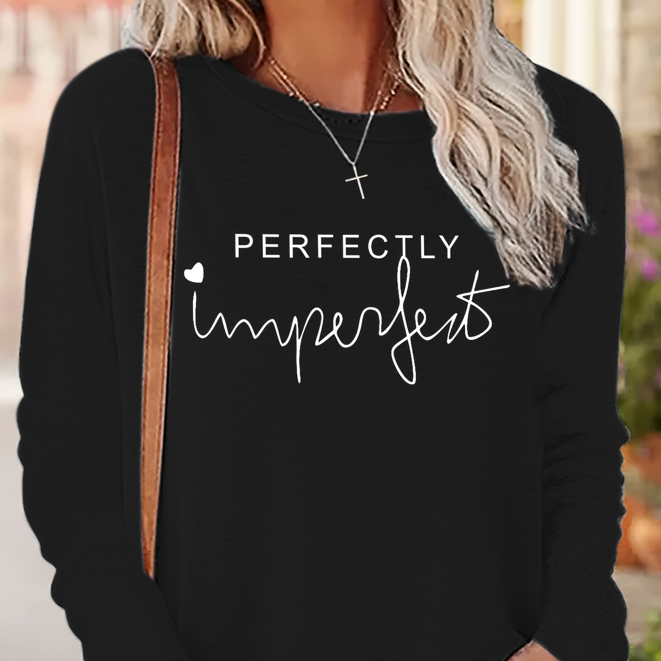 

Perfectly Imperfect Print T-shirt, Casual Crew Neck Long Sleeve Top, Women's Clothing