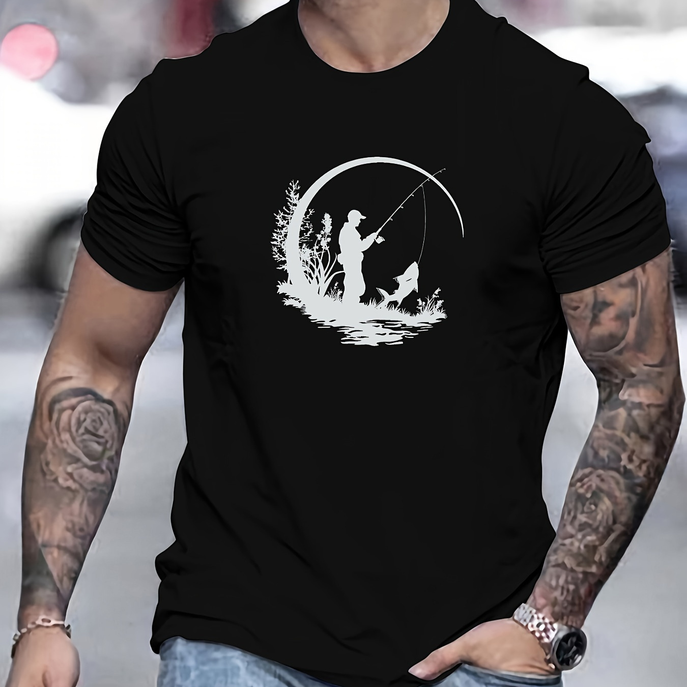 

Men's Fishing Graphic Cotton T-shirt - 100% Cotton Basic Crew Neck Tee, Slight Stretch, Solid Color, Summer Casual Knit Fabric Top