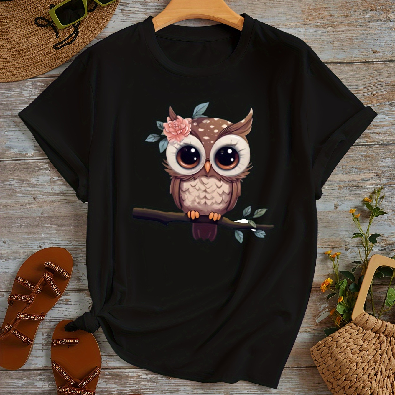 

Owl Print Crew Neck T-shirt, Casual Short Sleeve Top For Spring & Summer, Women's Clothing