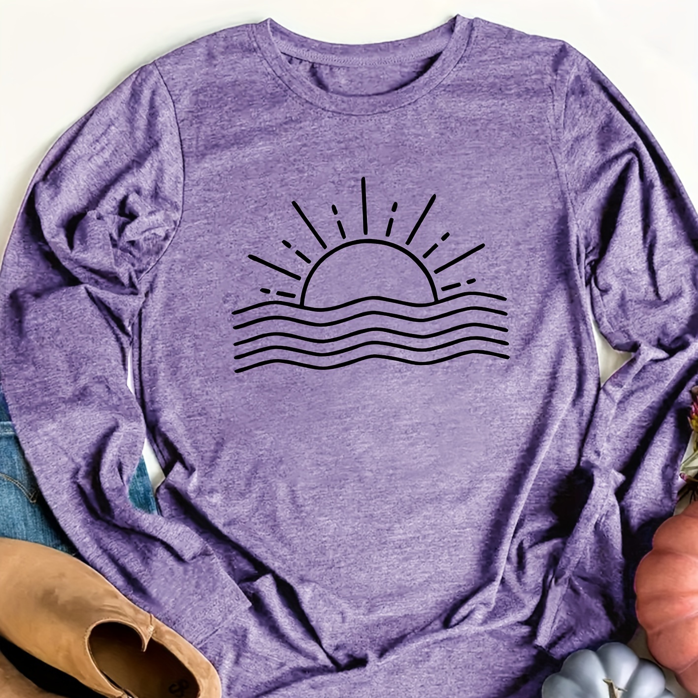 

Fashionable Line Sun Pattern, Round Neck Long Sleeve T-shirt For Women, Suitable For And Sports