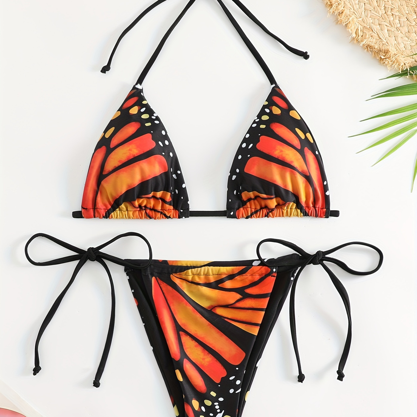 

Butterfly Print Triangle Halter 2 Piece Set Bikini, Tie Back Stretchy Backless Swimsuits, Women's Swimwear & Clothing