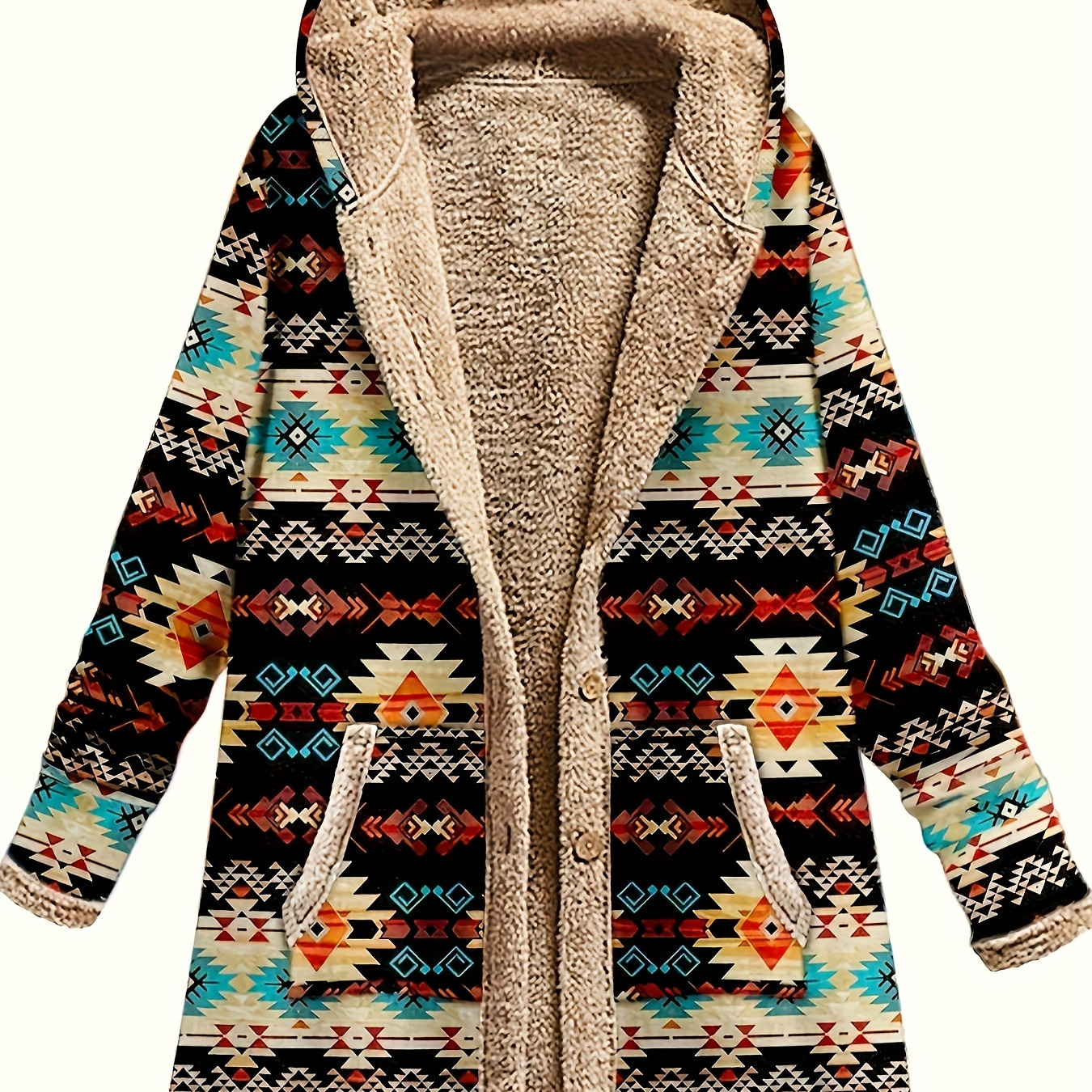 

Geo Print Button Front Jacket, Casual Long Sleeve Hooded Jacket With Pockets For Fall & Winter, Women's Clothing