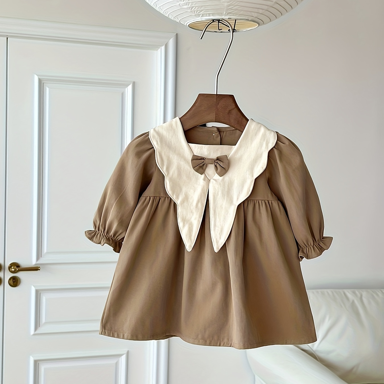 

Baby's Preppy Style Bowknot Decor Long Sleeve Dress, Infant & Toddler Girl's Dress For Fall/spring, As Gift