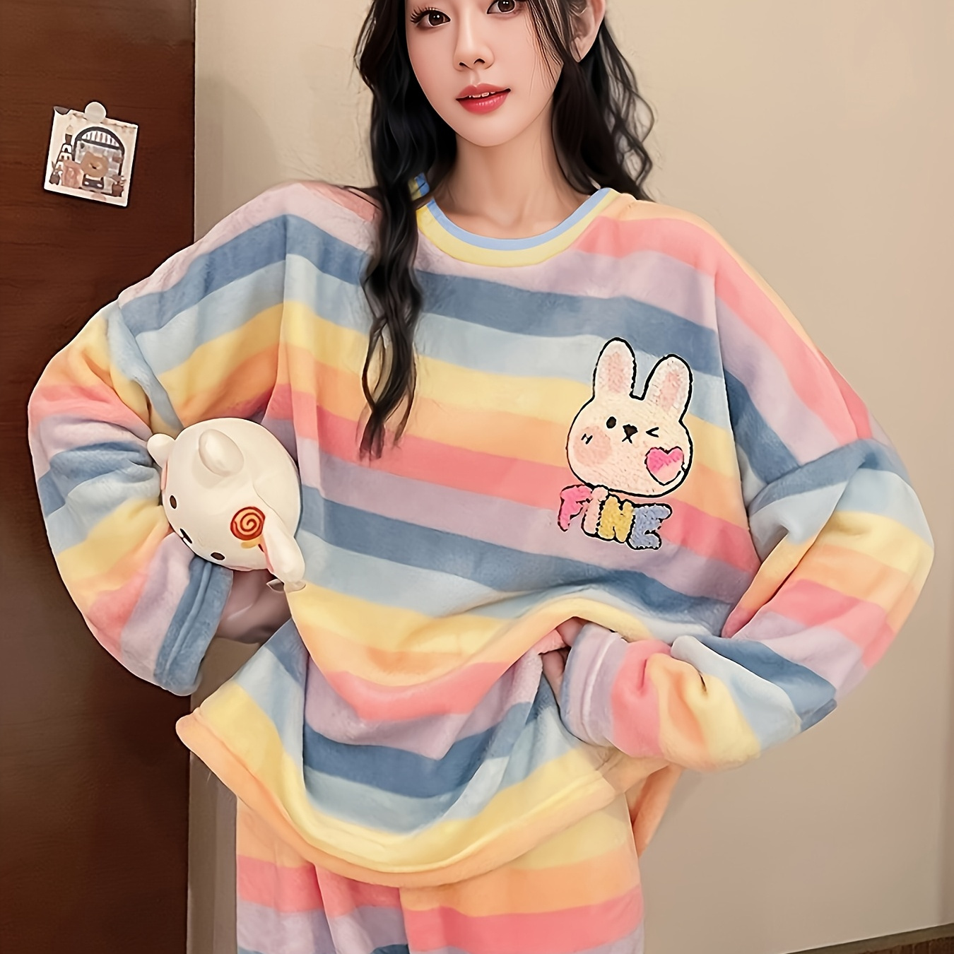 

Cozy Women's Fleece Pajama Set With Cute - Colorful Striped Long Sleeve Top & Pants, Round Neck, Opaque - Fall/winter Loungewear