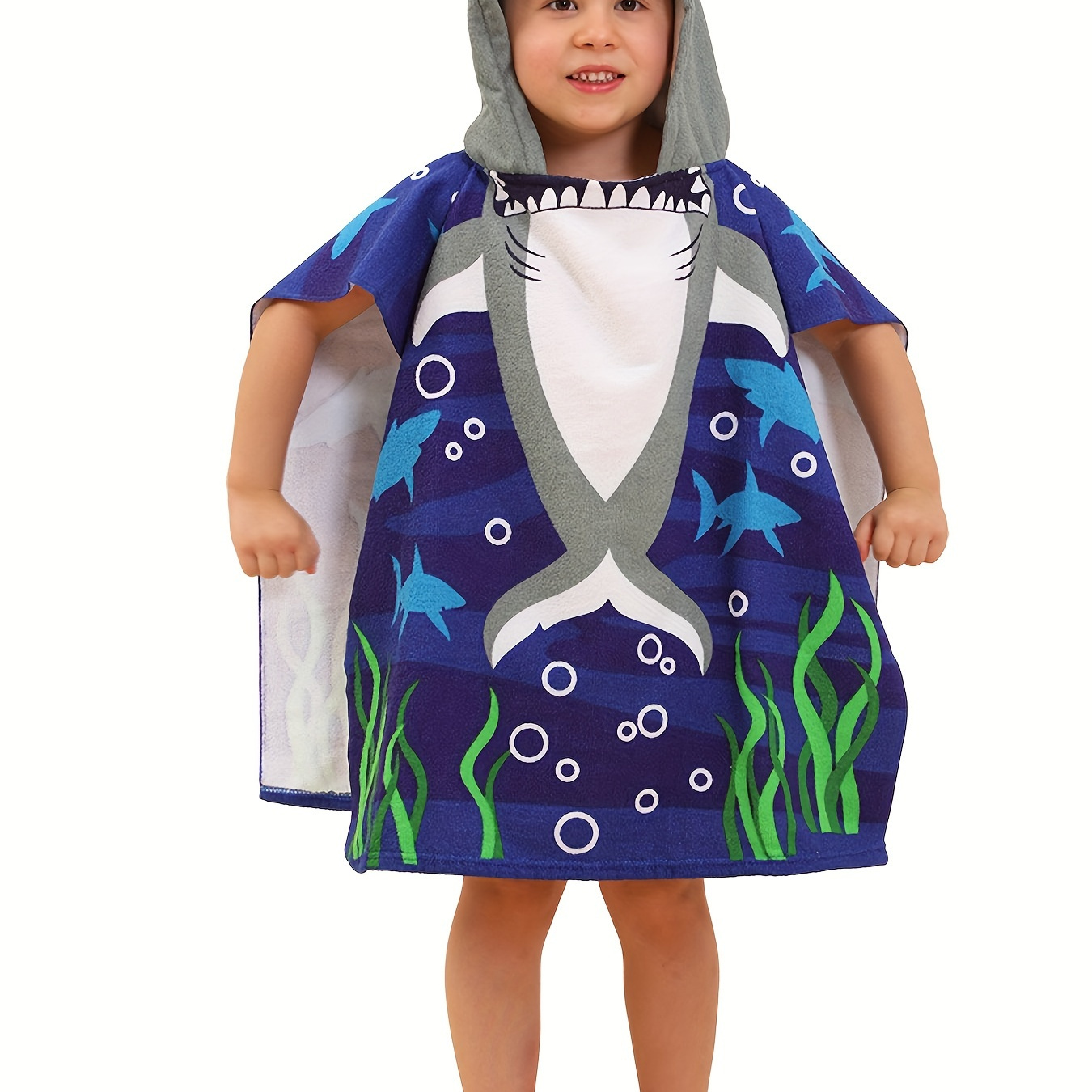 

1pc Cartoon Cute Shark Print Multi-functional Children's Hooded Bathrobe, Lightweight Hooded Beach Towel, Soft And Comfortable Loungewear Nightgown For Pool Beach Travel Adventures