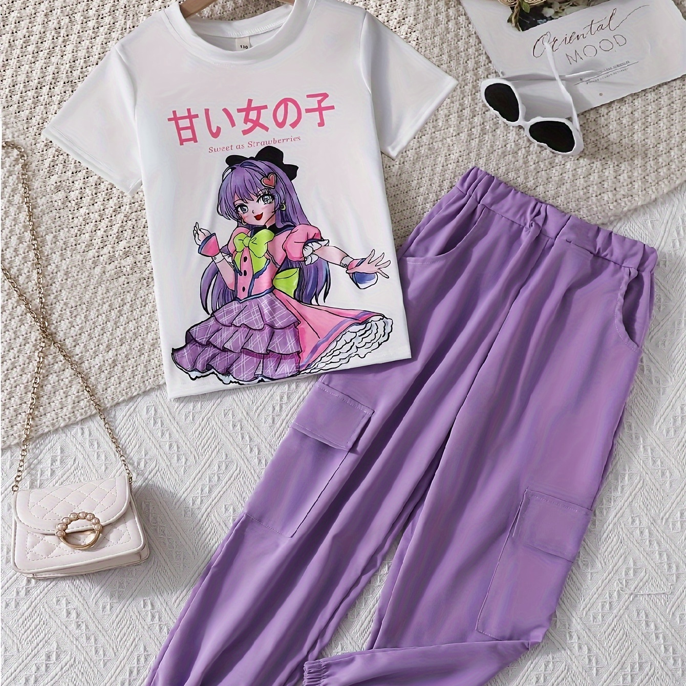 

Anime Style Girl's 2pcs, Princess Graphic Tee + Cargo Pants Set Trendy 2-piece Summer Outfit