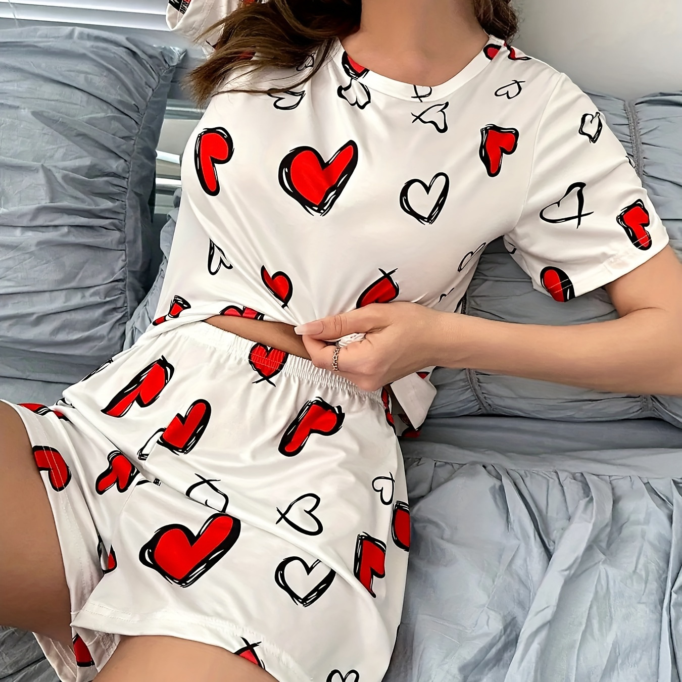 

Heart Print Pajama Set, Round Neck Short Sleeve Top & Shorts, Women's Sleepwear & Loungewear