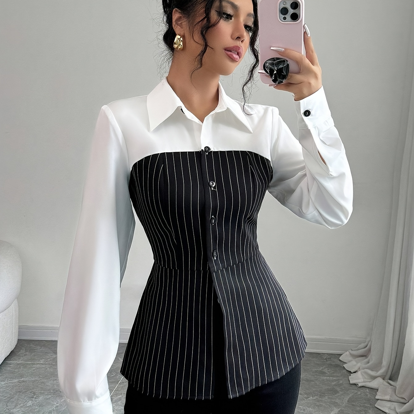 

1pc Elegant Striped Polyester Shirt For Women, Spring/, Casual Workwear With Button Detail, Knit Fabric, /m² - Adult Fashion Blouse