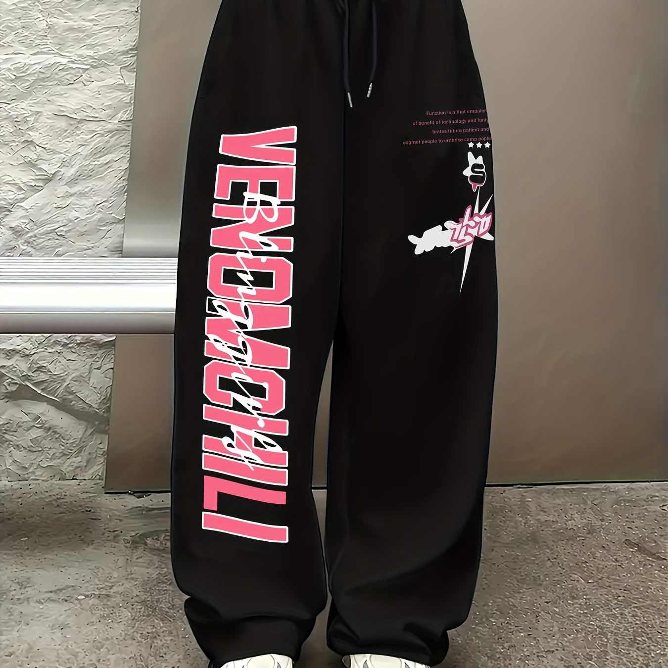 

[spring Fashion] Women's " Beach" Printed Joggers - Casual & Sporty -leg Pants With Pink Lettering, Drawstring Waist, Polyester, Machine Washable - Spring/fall