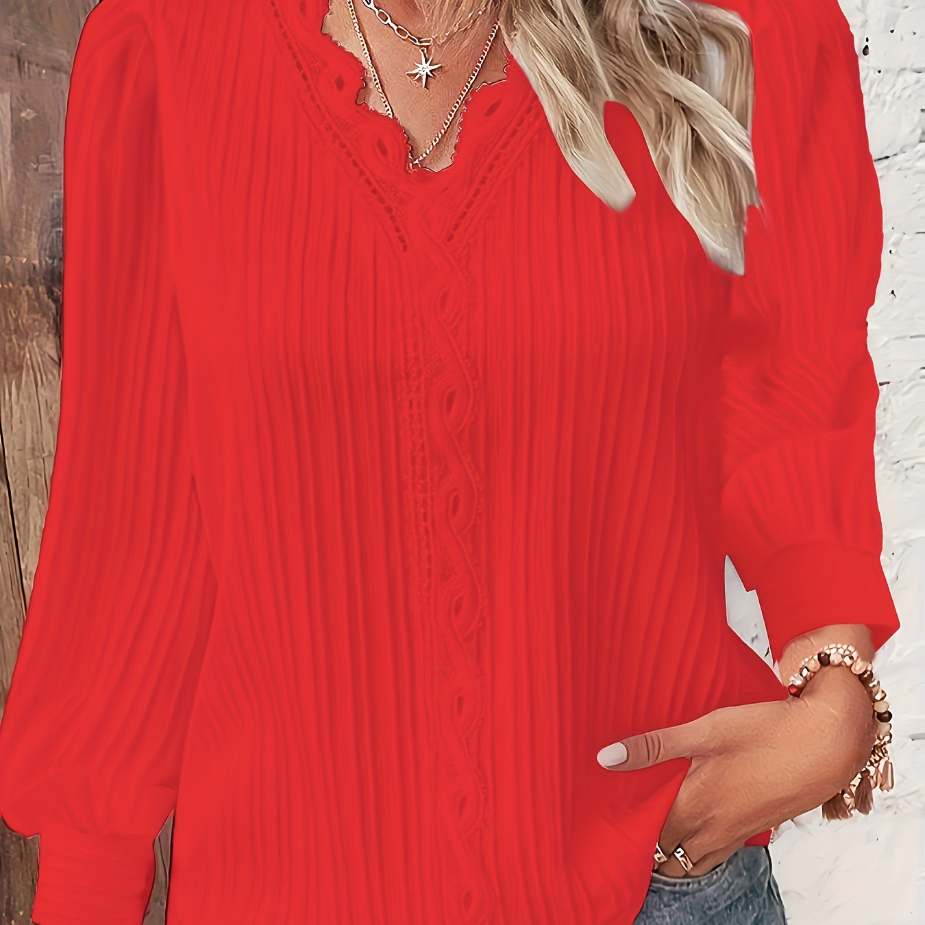 

Plus Size Lace Trim Textured Top, Casual V Neck Long Sleeve Top, Women's Plus Size clothing