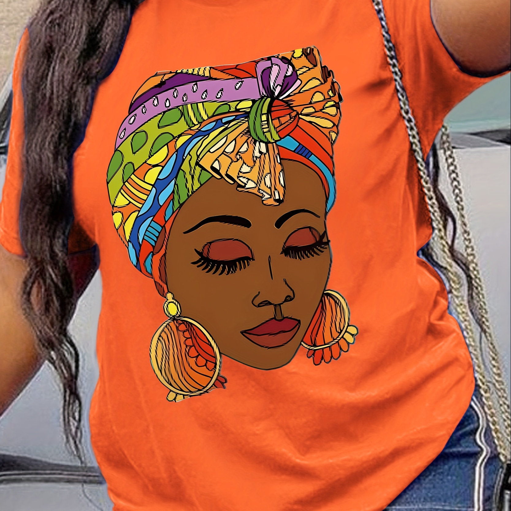 

T-shirt Imprimé Portrait Grande Taille, T-shirt Décontracté À Manches Courtes Et Col Rond, Vêtements Grande Taille Pour Femmes