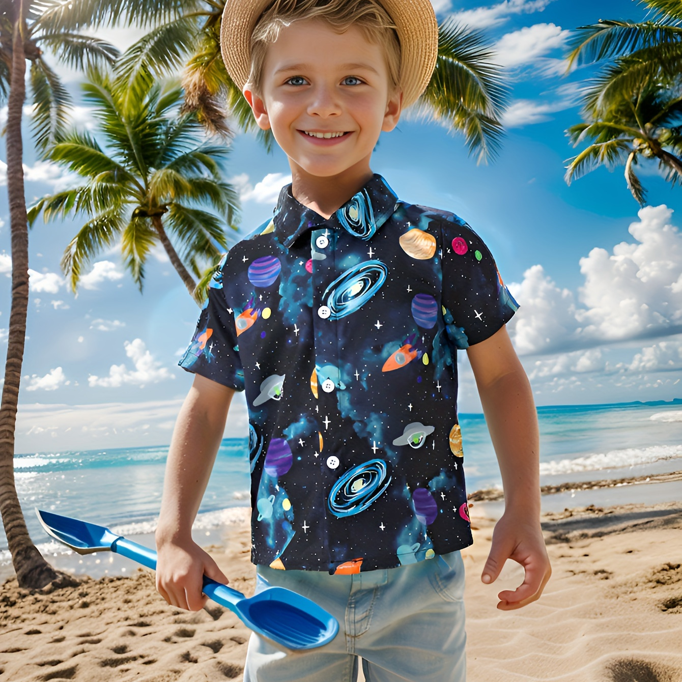 

Boys Button Down Shirts Starry Sky Print Comfy Short Sleeve Cool Dress Shirt Cute Summer Top For Kids