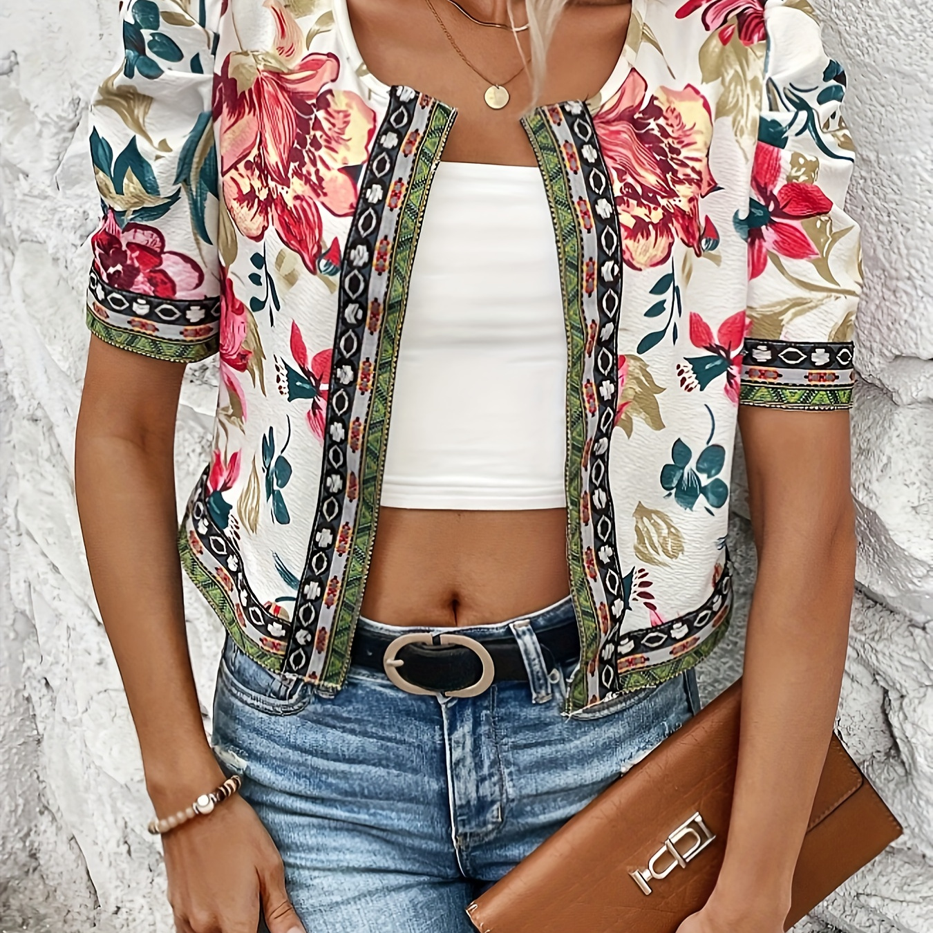 

Veste ouverte à imprimé floral, élégante veste à manches courtes pour le printemps et l'été, vêtements pour femmes