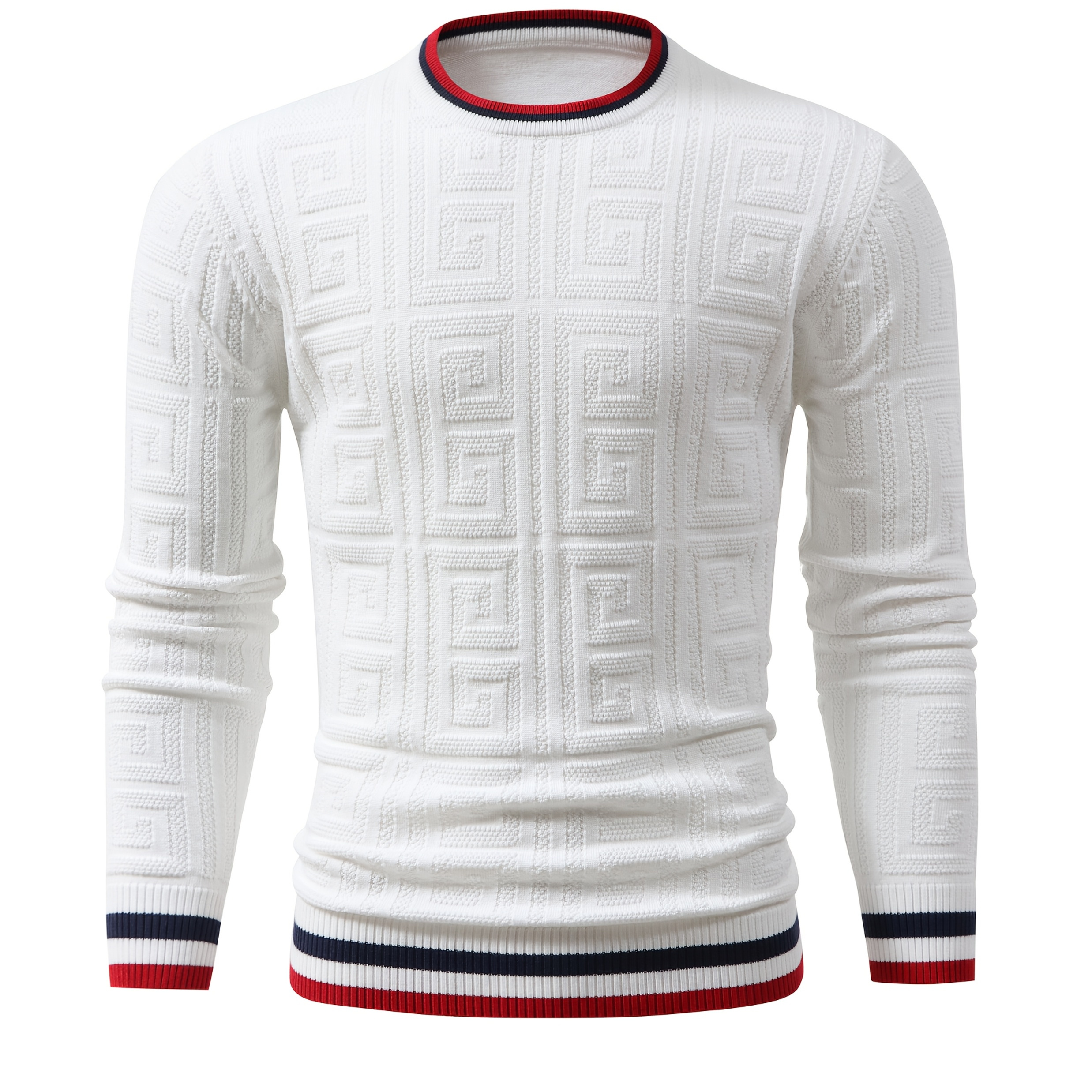 

Men's Casual Knit Sweater - Stylish Long Sleeve Pullover With Geometric Pattern, Round Neck, Polyester , Fall/winter