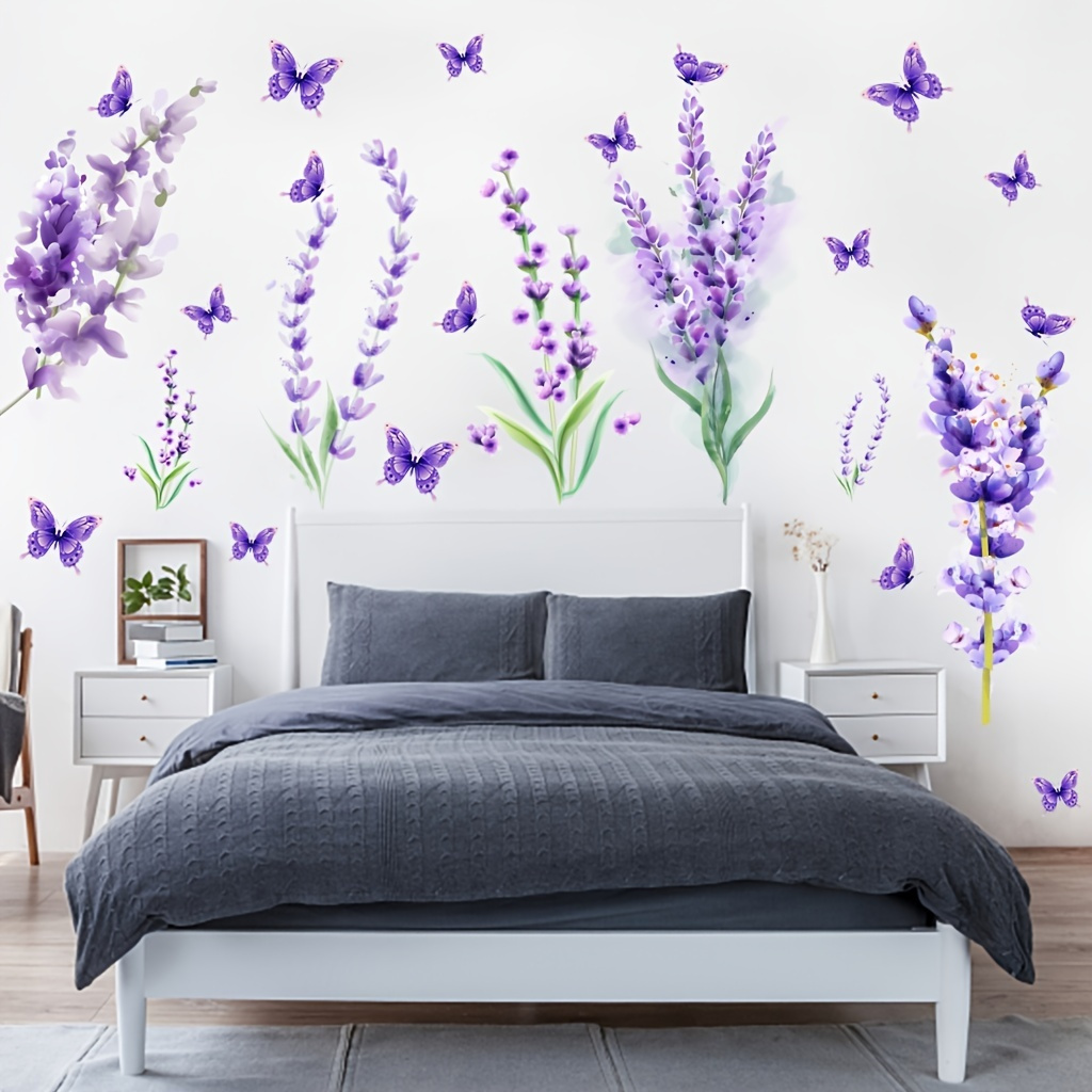 

2pcs Purple Lavender Wall Sticker Removable Peel And Stick Wall Decal, Diy Vinyl Mural Art For Bedroom