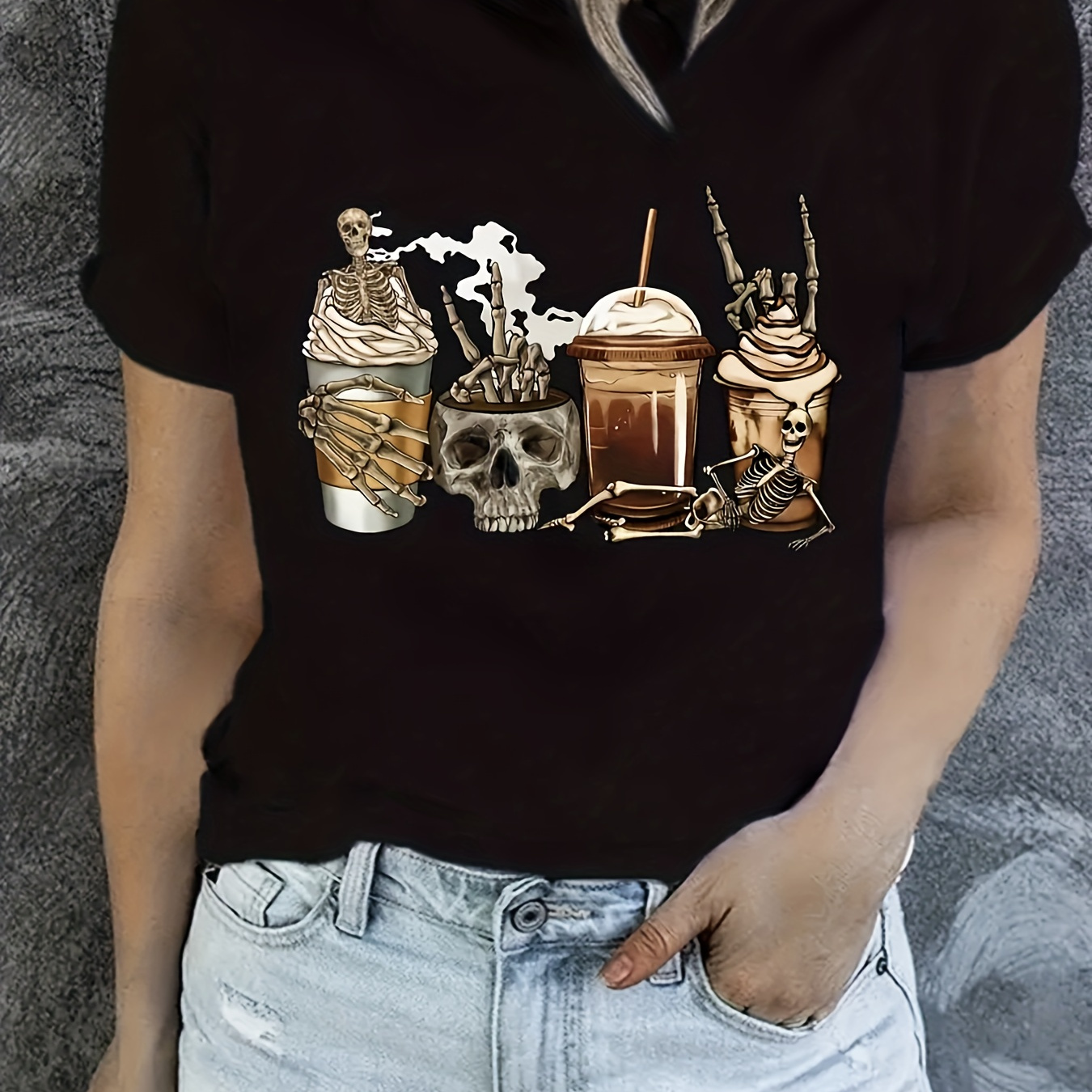 

Skull Coffee Print Crew Neck T-shirt, Casual Short Sleeve Top For Spring & Summer, Women's Clothing