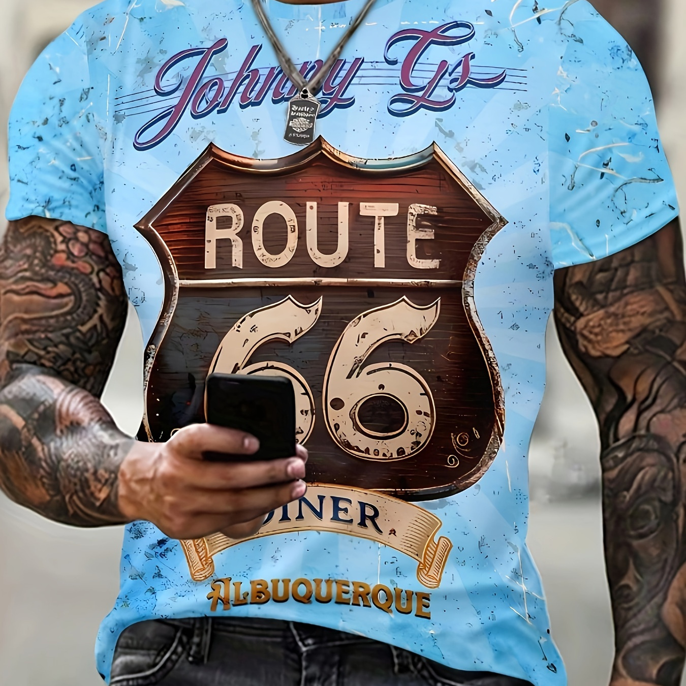 

Retro 66 Print T-shirt, Men's Casual Street Style Stretch Round Neck Tee Shirt For Summer