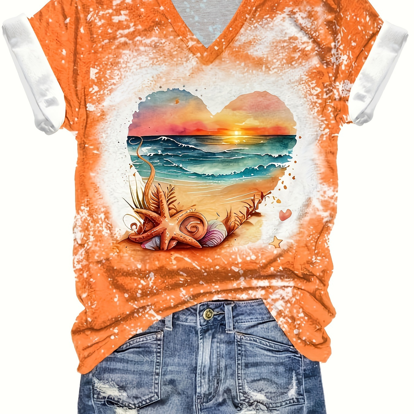 

Sunset & Beach Print V Neck T-shirt, Casual Short Sleeve T-shirt For Spring & Summer, Women's Clothing
