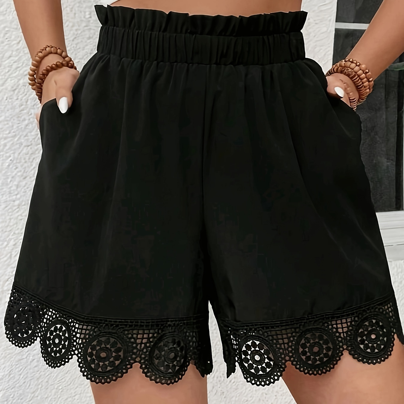 

Women's Waist Solid Color Shorts With Lace Trim, Woven Polyester Fiber,