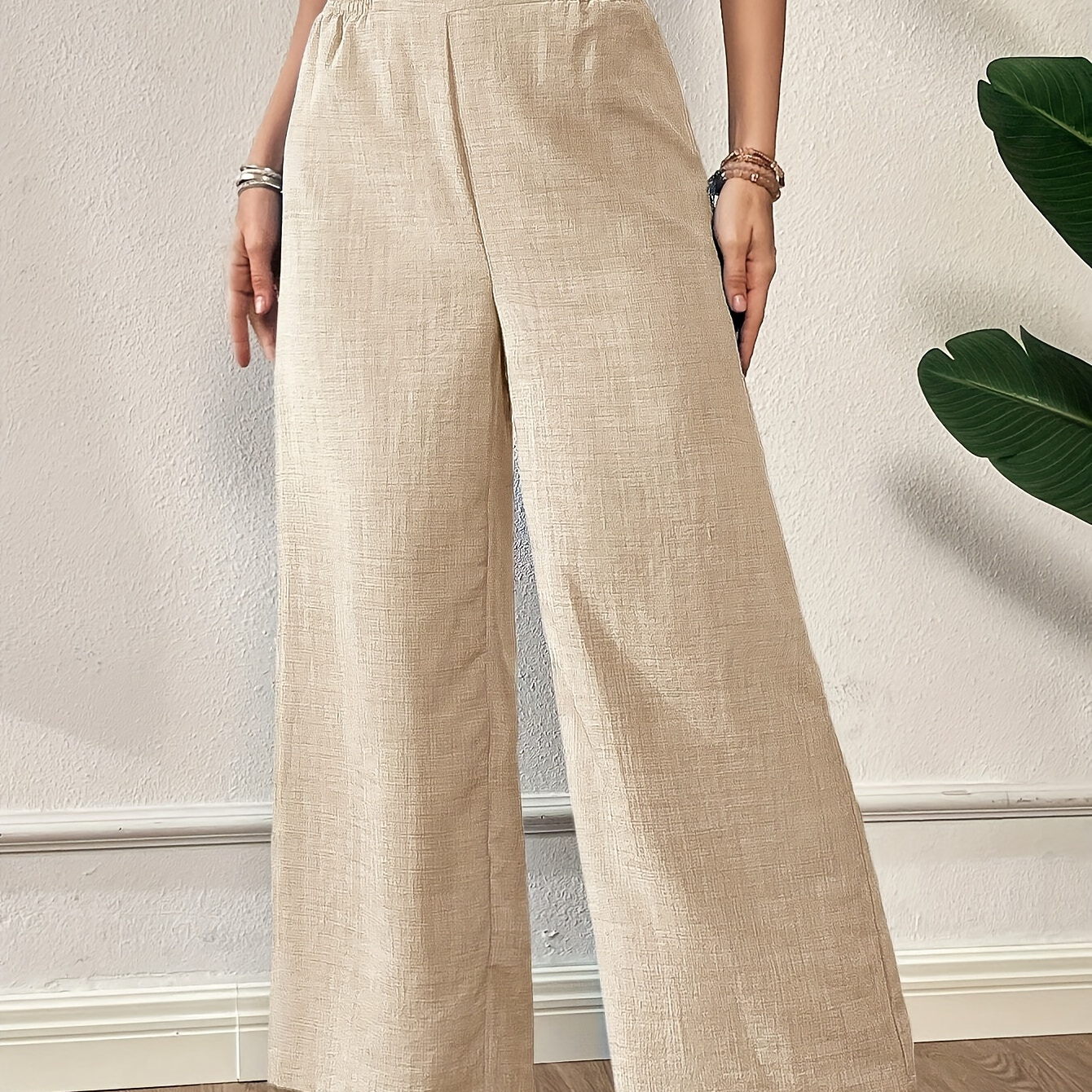 

Solid Color Wide Leg Pants, Casual Shirred High Waist Loose Pants For , Women's Clothing