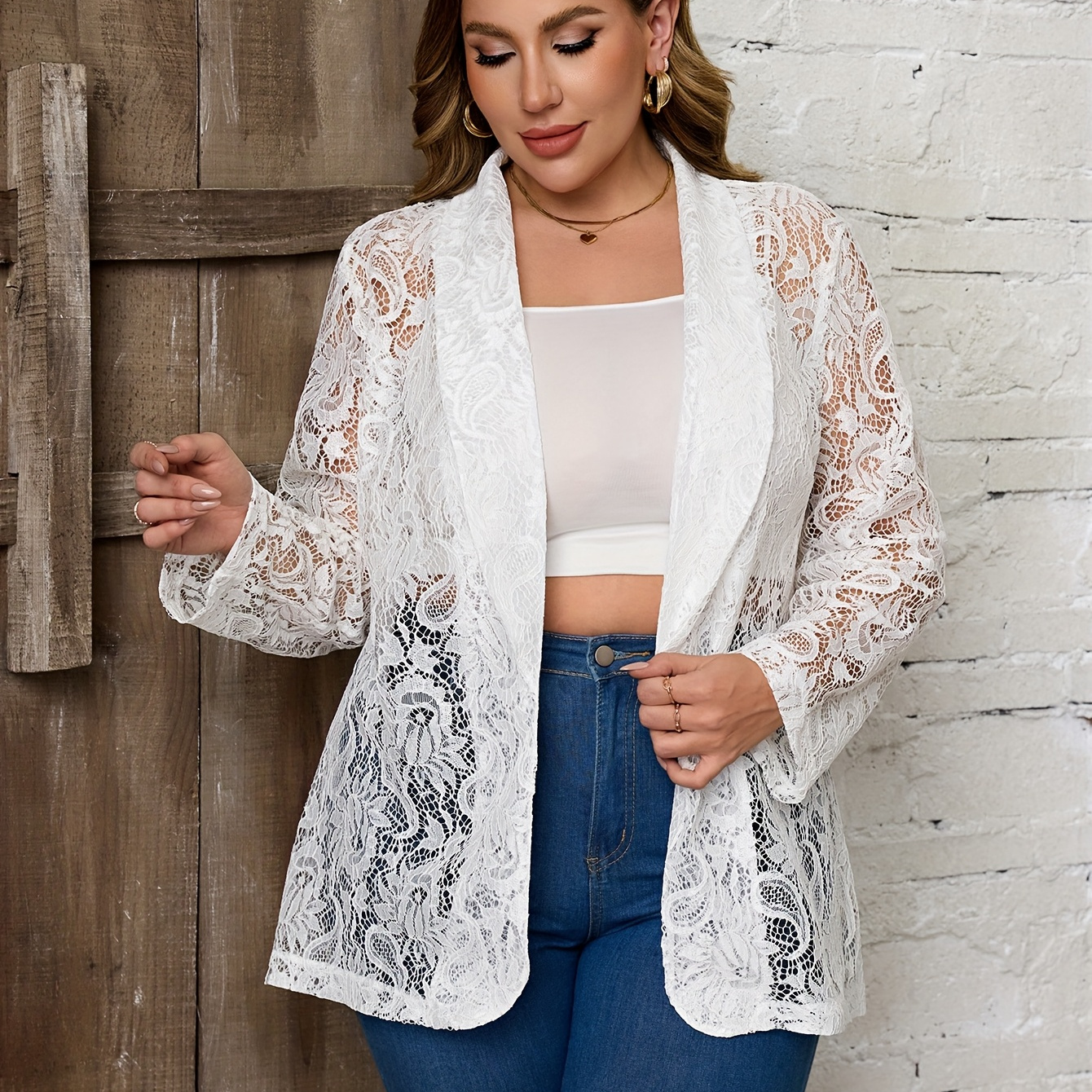 

Plus Size Floral Lace Open Front Blazer, Elegant Lapel 3/4 Sleeve Blazer For , Women's Plus Size Clothing