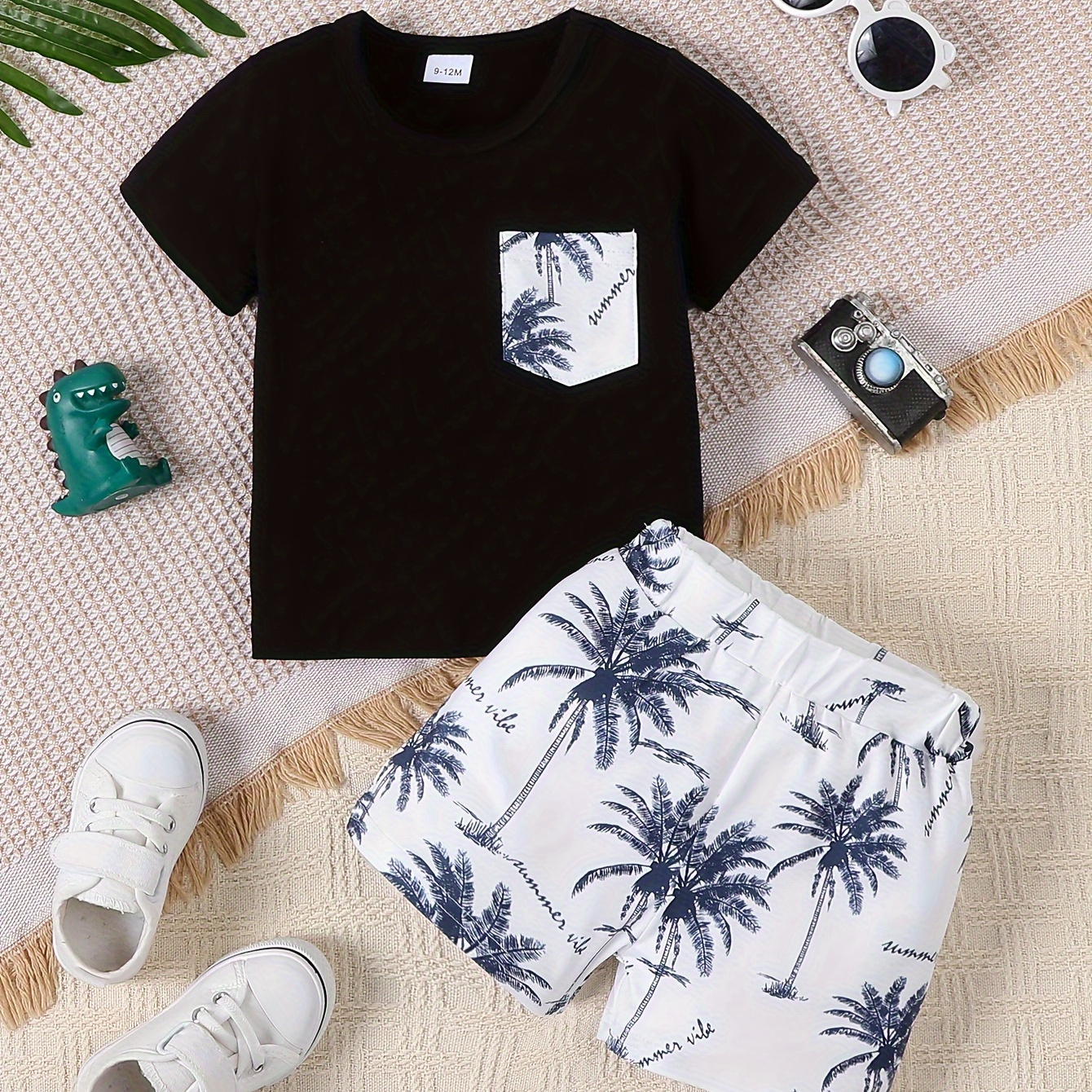 TEMU 2pcs Baby's Coconut Tree Print Summer Set, T-shirt & Casual Shorts, Baby Boy's Clothing