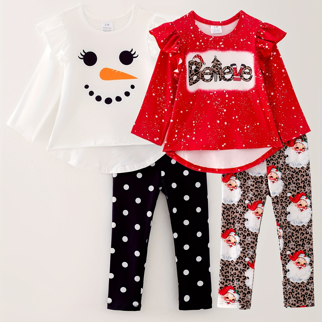 

(4-piece) Girls' Christmas Set: White And -dye Ruffle Long Sleeve Top + Polka Dot Leopard Print Santa Pants