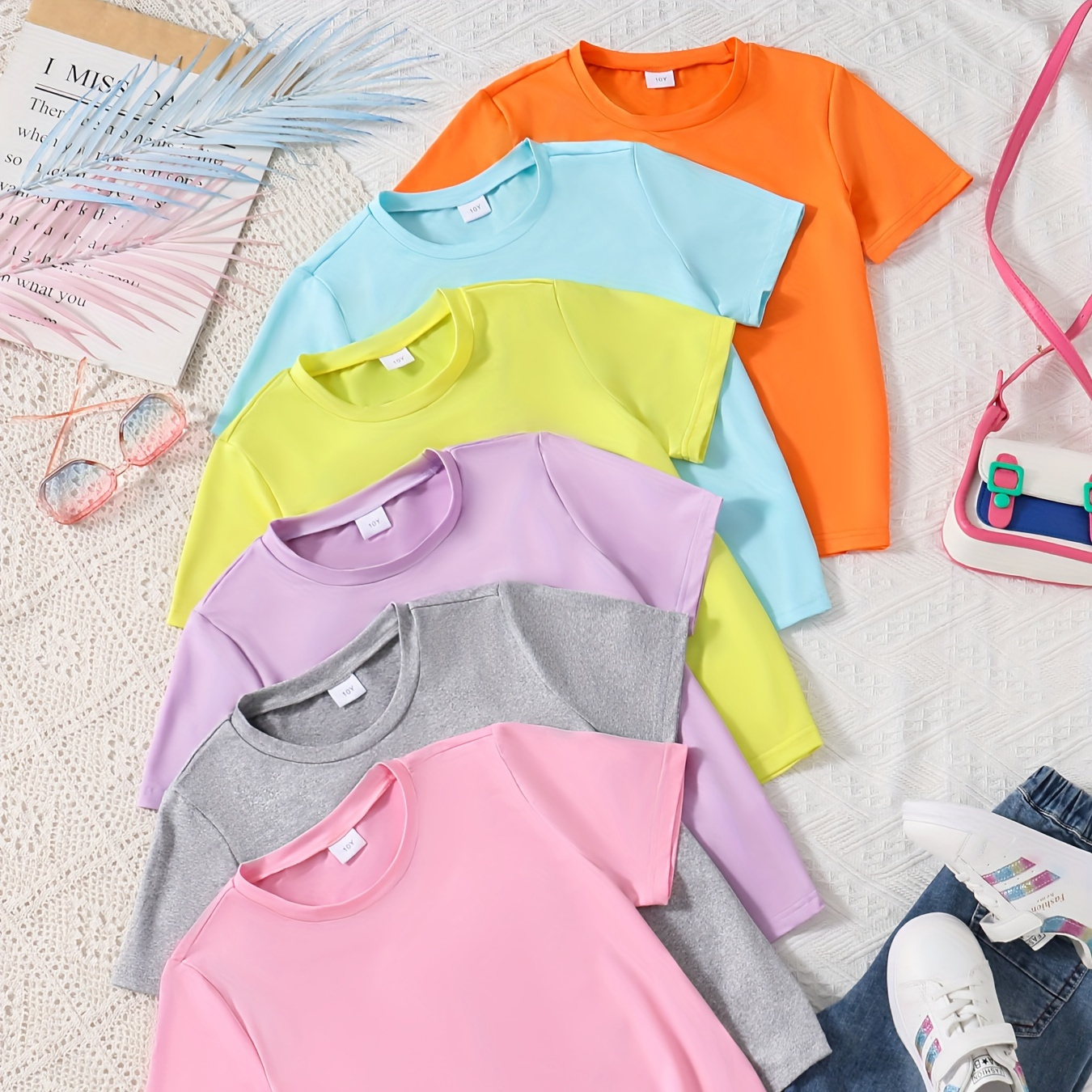 

6pcs, Solid Color Short Sleeve Crew Neck T-shirts For Girls, Casual Comfy Breathable Versatile Tee Top Summer Gift