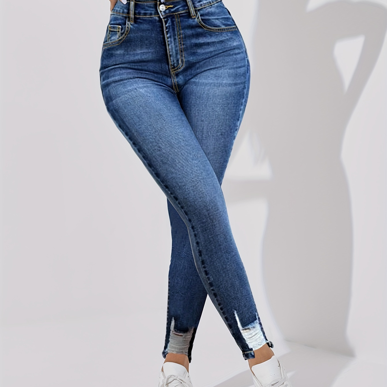 

Jean Skinny Extensible Pour Femmes, Denim Coupe Amincissante, Jean À Cheville Décontracté Polyvalent Et Vieilli, Pantalon Crayon De Style Basique