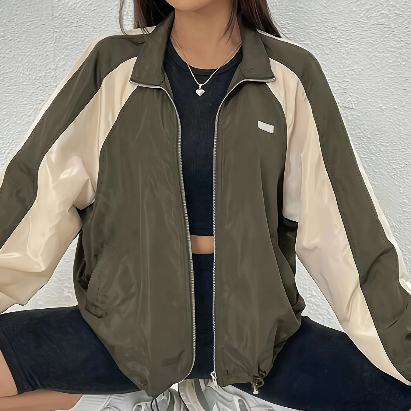 

Color Block Drop Shoulder Jacket, Casual Pocket Long Sleeve Jacket For Spring & Fall, Women's Clothing