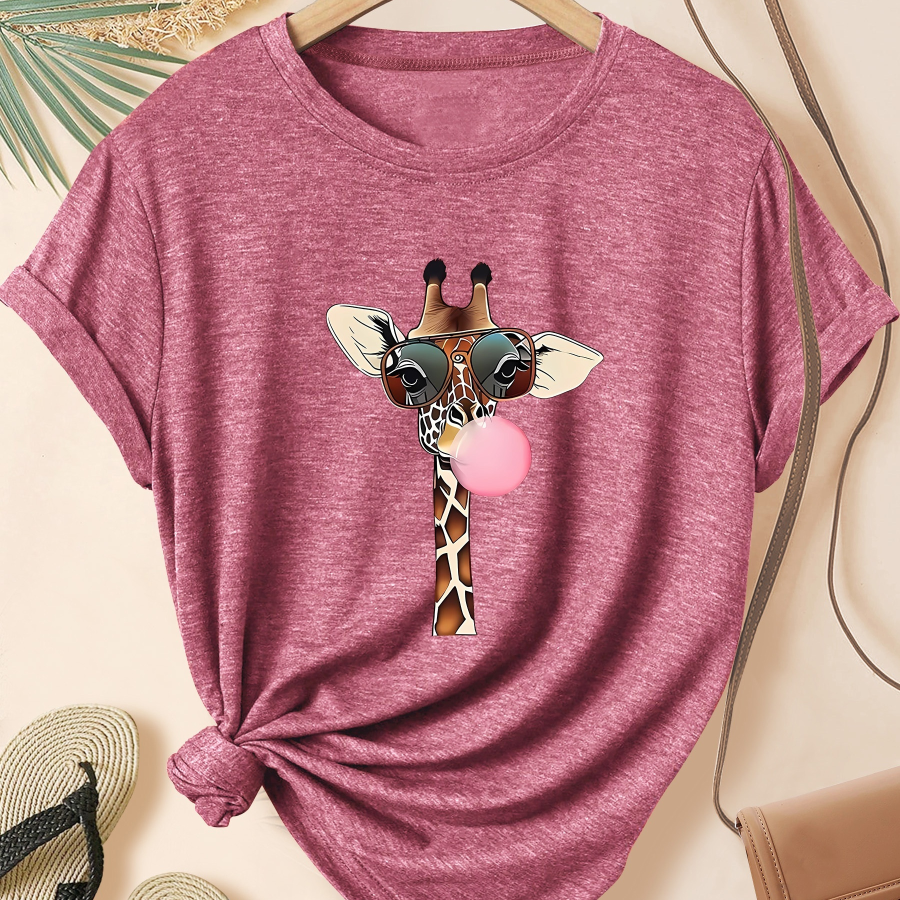 

Cartoon Giraffe Print Short Sleeve Crew Neck Casual T-shirt, Women's Sporty Top For Fitness &