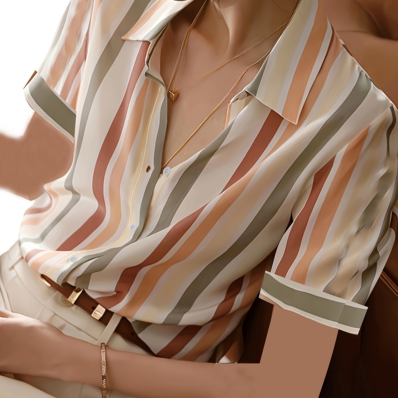 

Stripes Print Lapel Neck Blouse, Elegant Button Front Short Sleeve Blouse For Spring & Summer, Women's Clothing