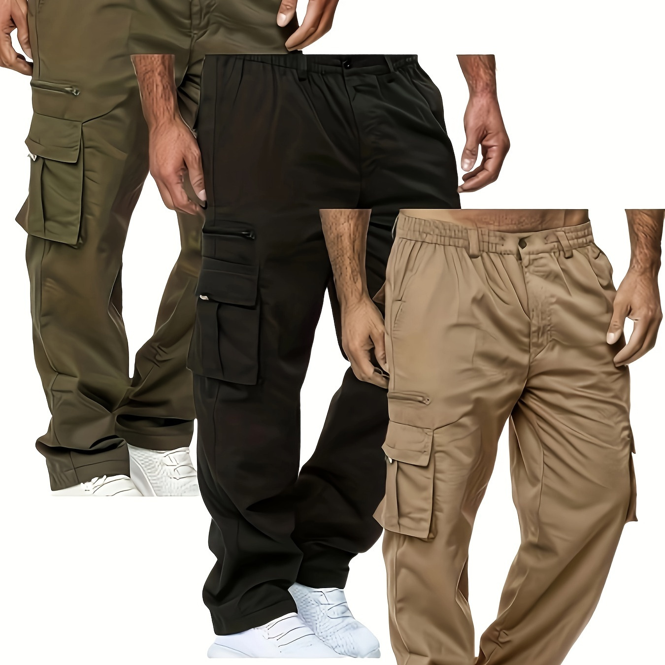 

3pcs Men' Multi-pocket Cargo Pants, Men's Casual Cargo Flap Pockets Pants For Autumn Outdoor