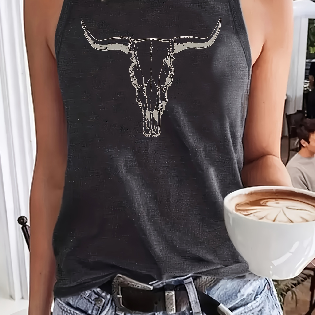 

Cow Skull Print Crew Neck Tank Top, Casual Sleeveless Top For Spring & Summer, Women's Clothing