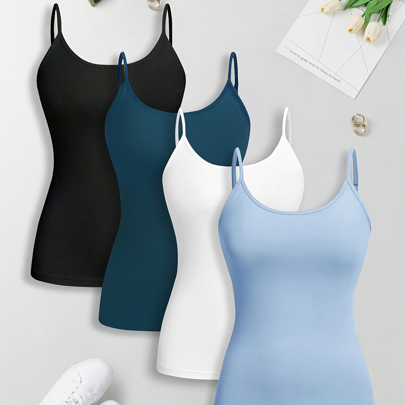 

4pcs Set Of Solid Color Slimming Spaghetti Strap Tank Tops With Button .