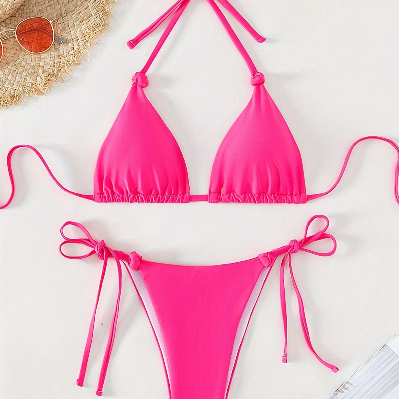 

Plain Hot Pinkish Color Knot Triangle Halter Tie Strap Backless 2 Piece Set Bikini Swimsuits, Women's Swimwear & Clothing