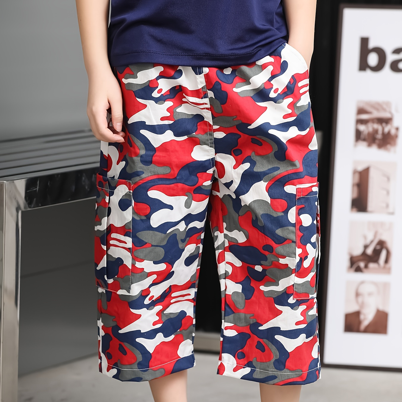 

Boy's Camo Pattern Cotton Cropped Pants, Trendy Comfy Elastic Waist Summer Clothing