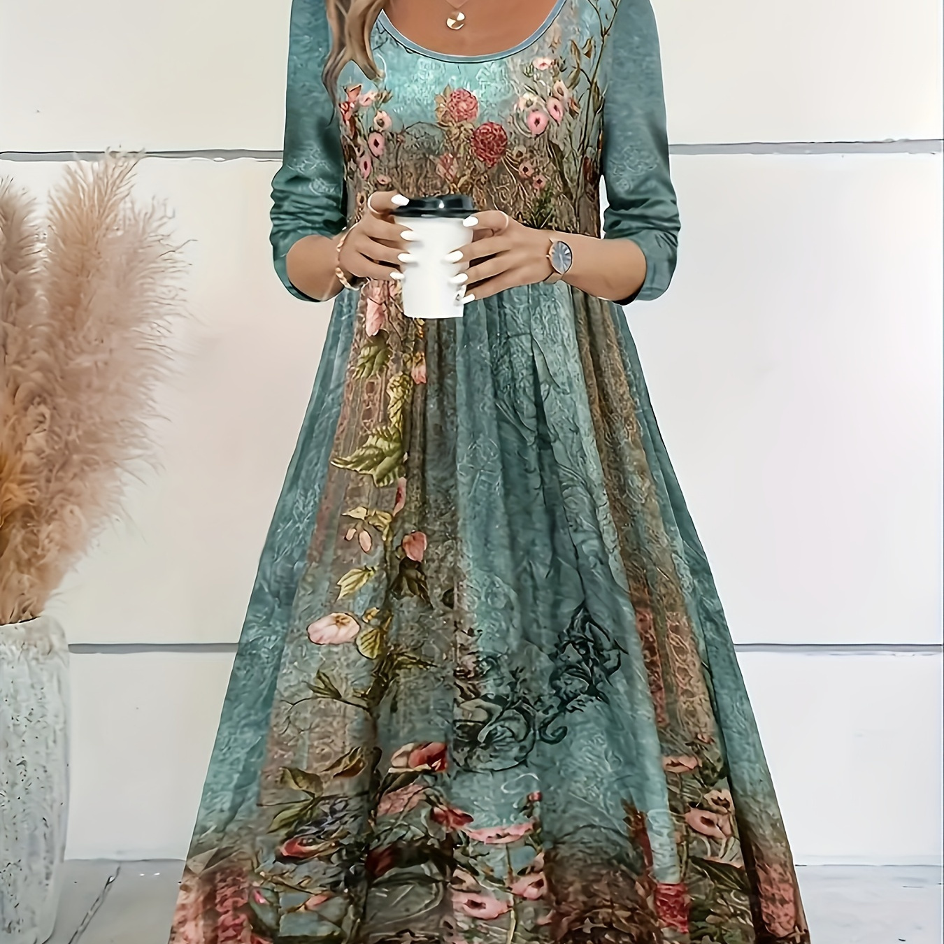 

Elegant Floral Print Long Sleeve Round Neck Dress For Women - Polyester, Machine Washable, Spring/fall, Stylish Teal With Vibrant Flowers And Green Foliage Detail, Floral Dress