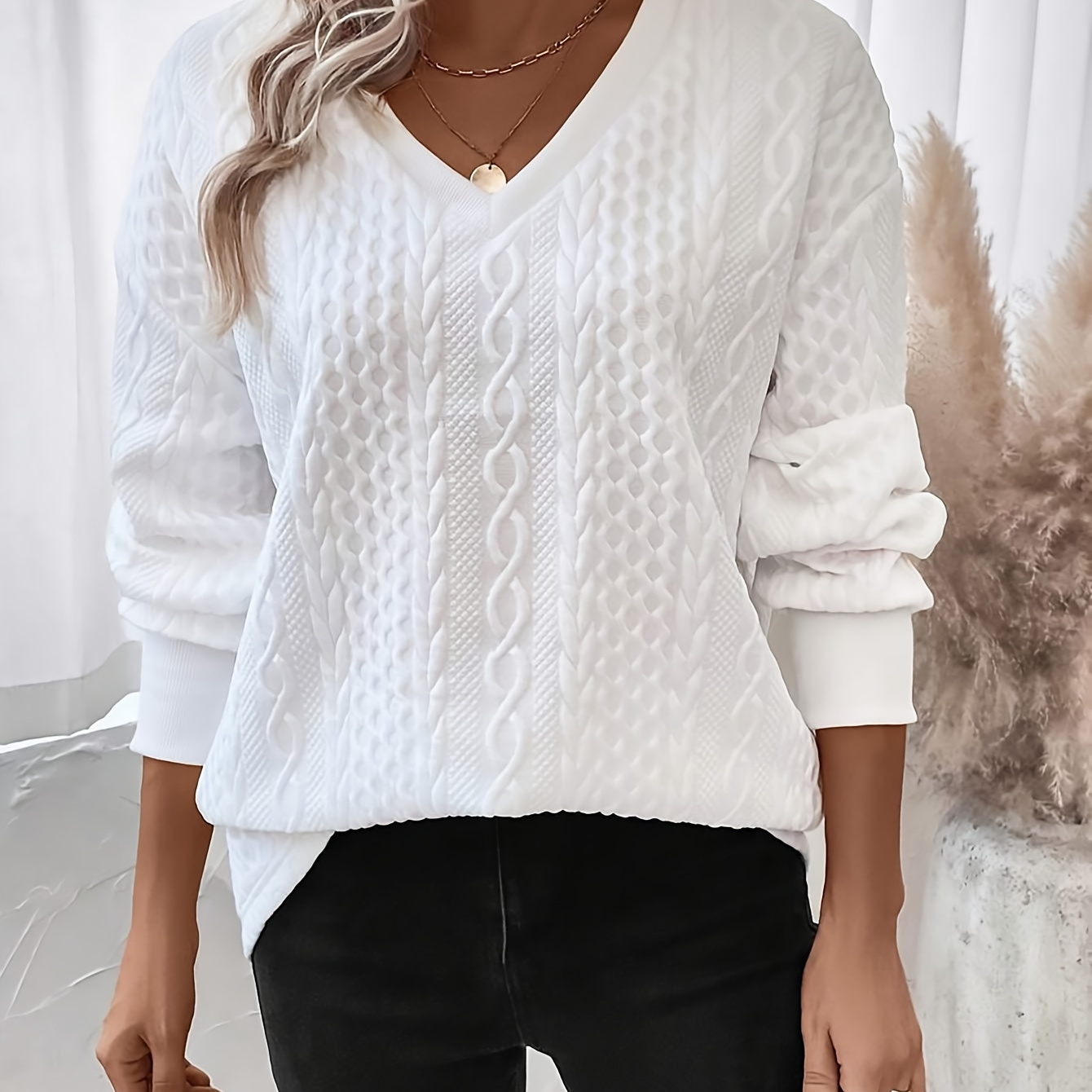 

Textured V- Sweatshirt - , Long Drop Shoulder , For &