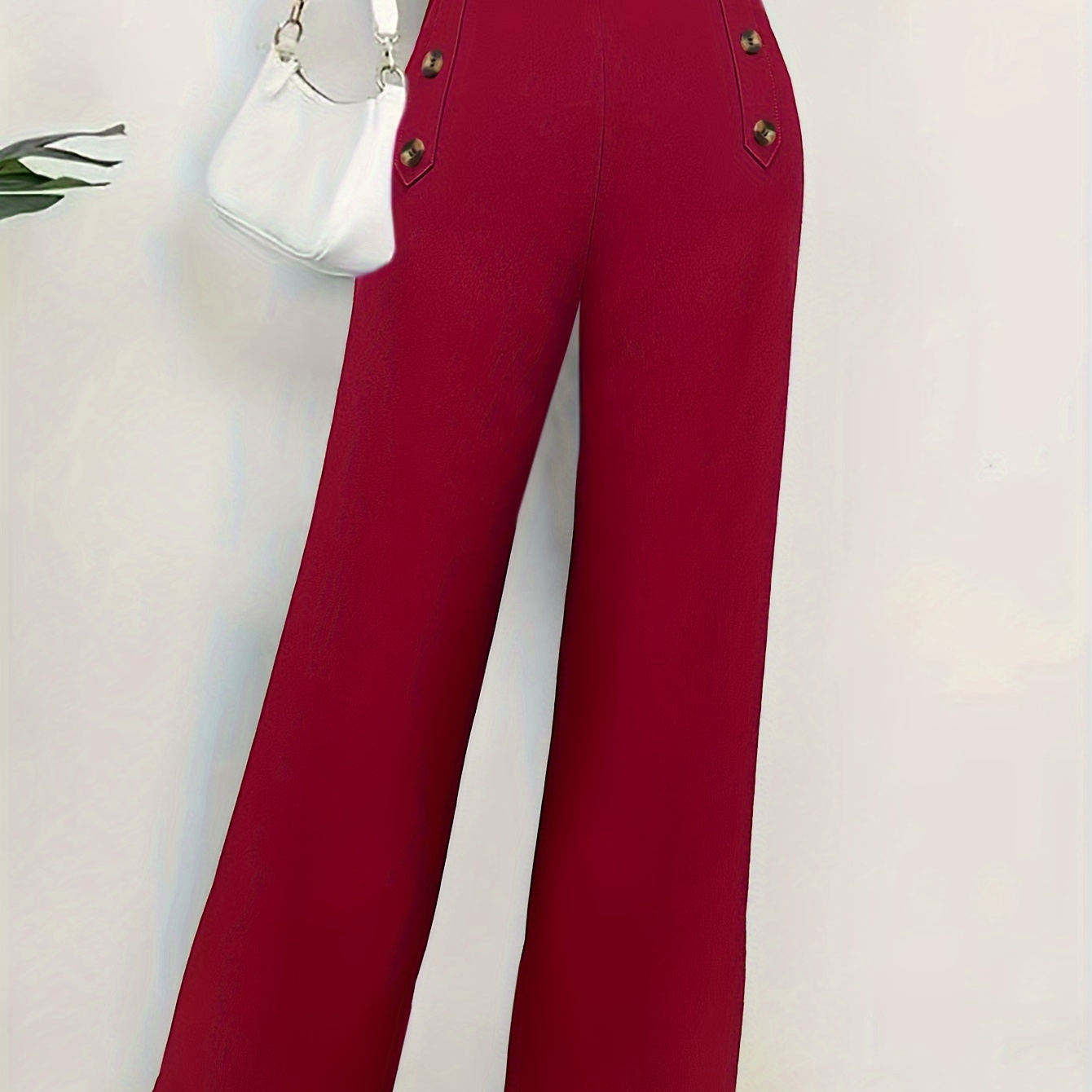 Solid Loose Straight Leg Pants Casual Button High Waist - Temu