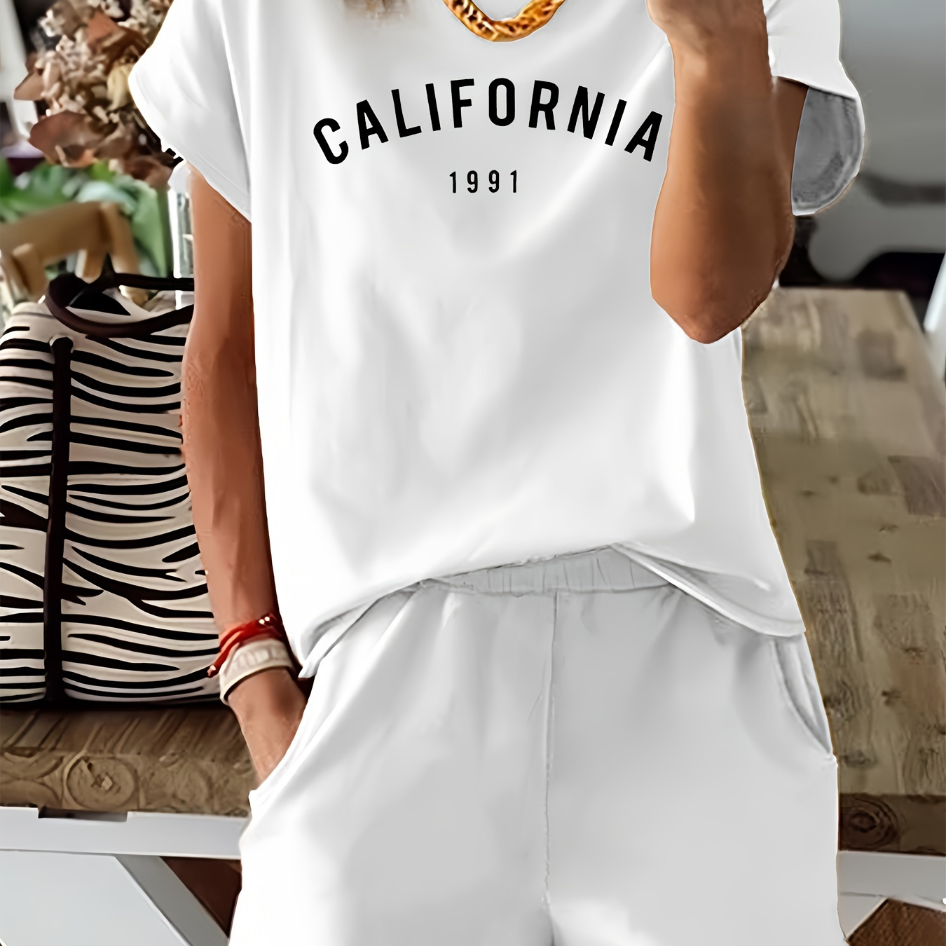 

California Print 2 Piece Set, Short Sleeve Crew Neck T-shirt & Elastic Waist Slant Pocket Shorts Outfits, Women's Clothing