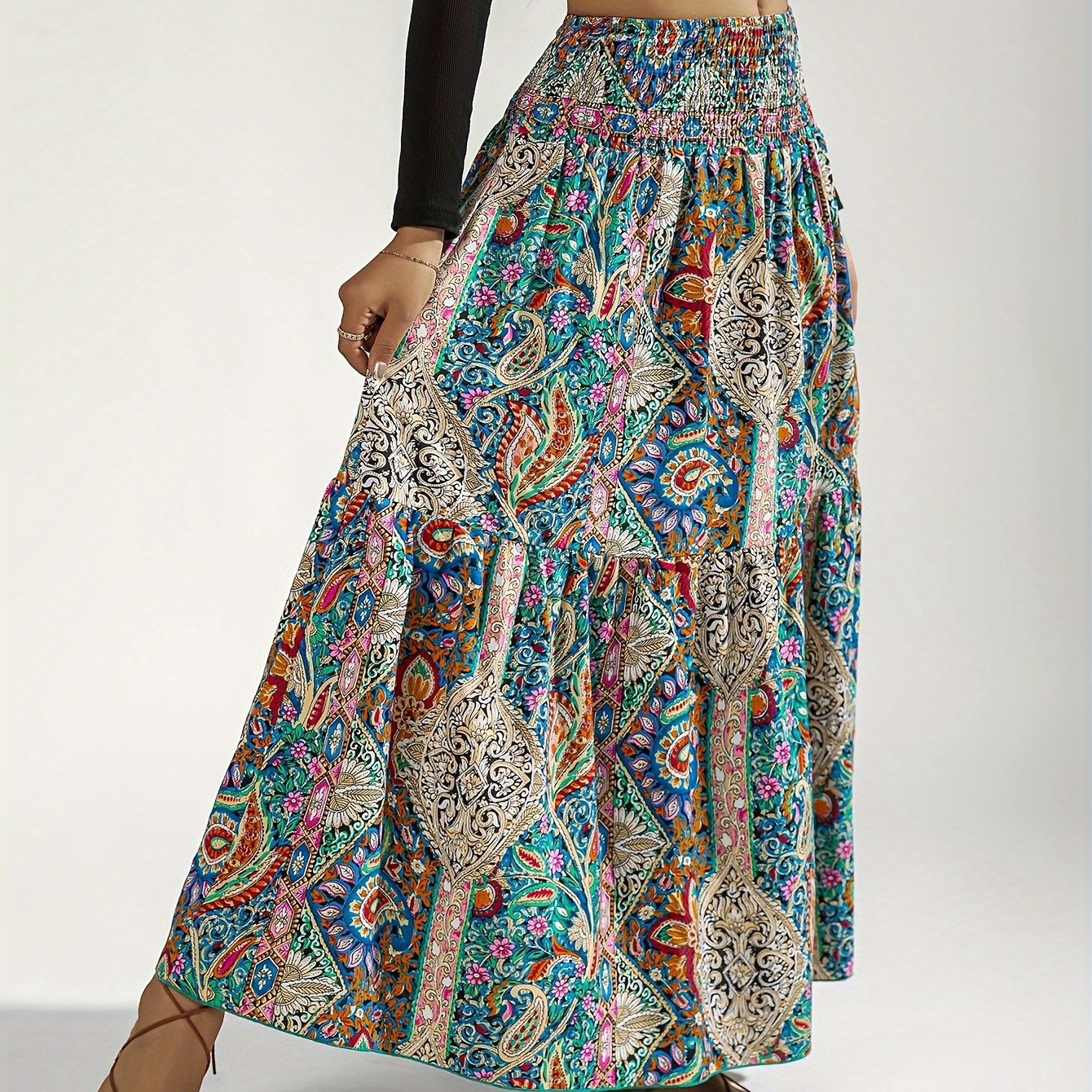 

Allover Print Shirred High Waist Skirt, Elegant Loose Skirt For Spring & Summer, Women's Clothing