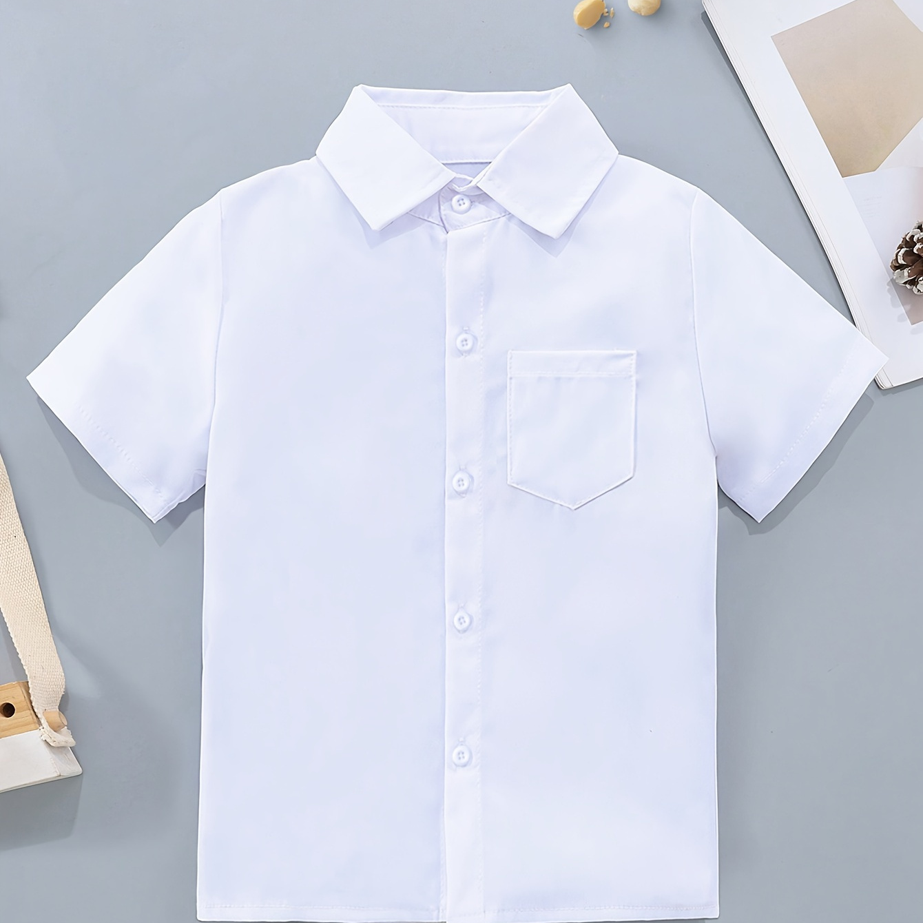 

Boys Solid Color Dress Button Up Shirt, Casual Short Sleeve Lapel Shirt Tops, Boys Clothes For Summer Outdoor