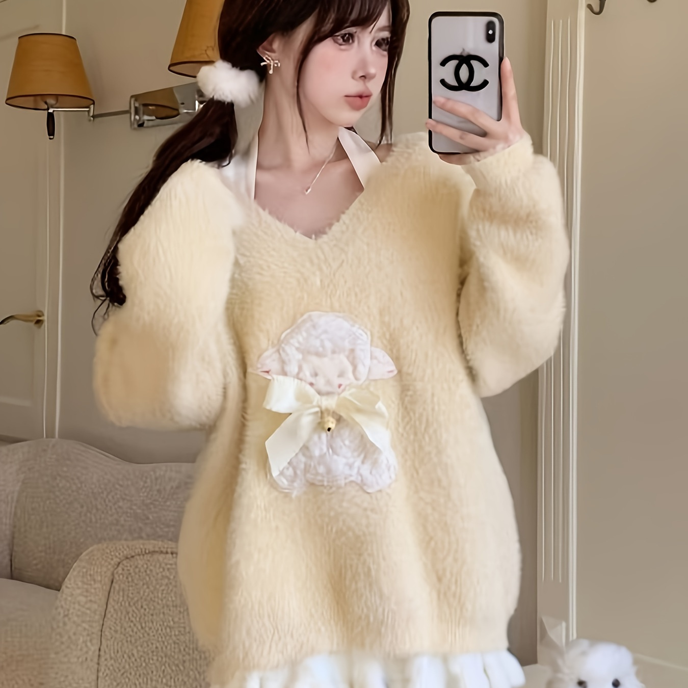 

2 Pcs Elegant Sheep Fuzzy Knit Skirt Set, Long Sleeve V Neck Sweater & Ruffle Hem Mini Skirt Outfits, Women's Clothing