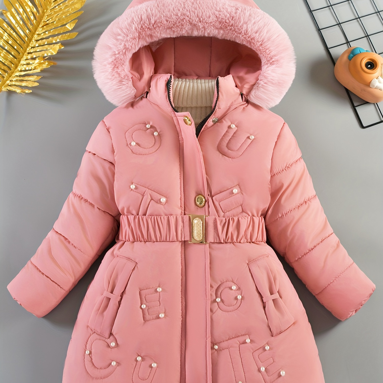 

Girls' Casual Fashion Alphabet Coat With Removable Hood Belt Detail, For Kids Over 3 Years Old